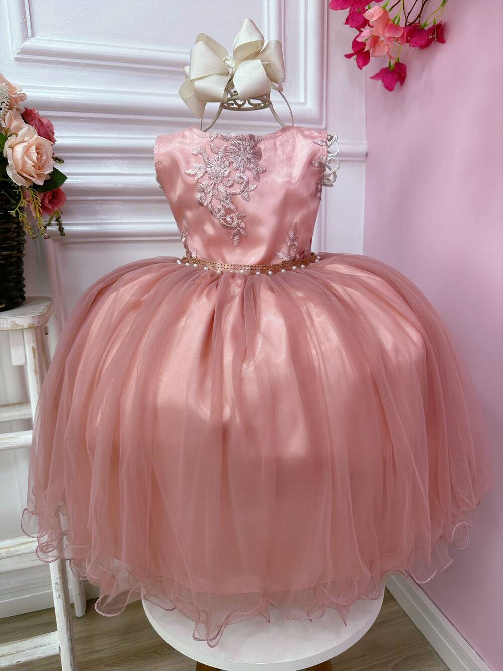 Vestido Infantil Rose Damas de Honra Cinto Pérola Strass