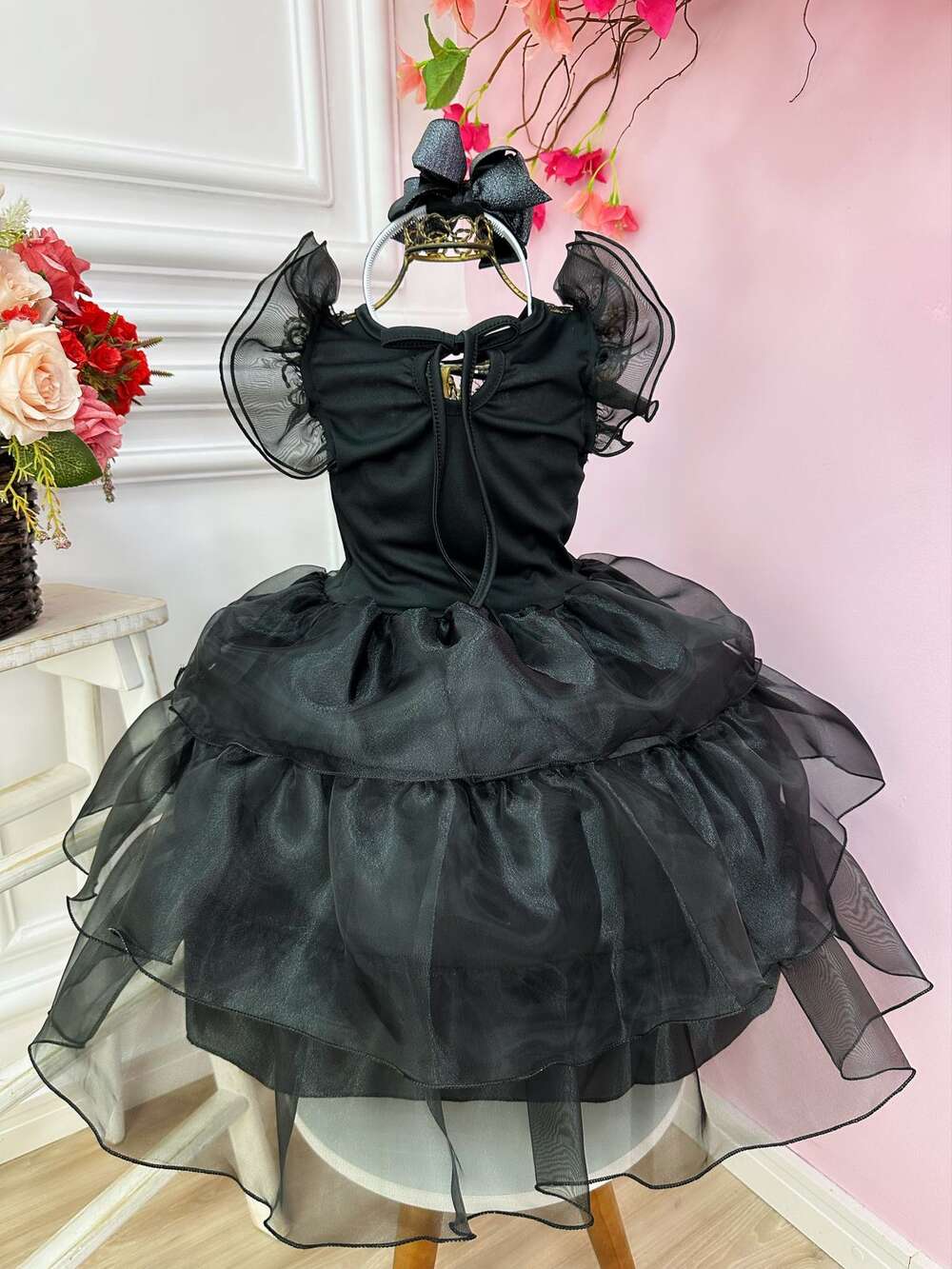 Vestido Infantil Wandinha Preto Com Babados Luxo