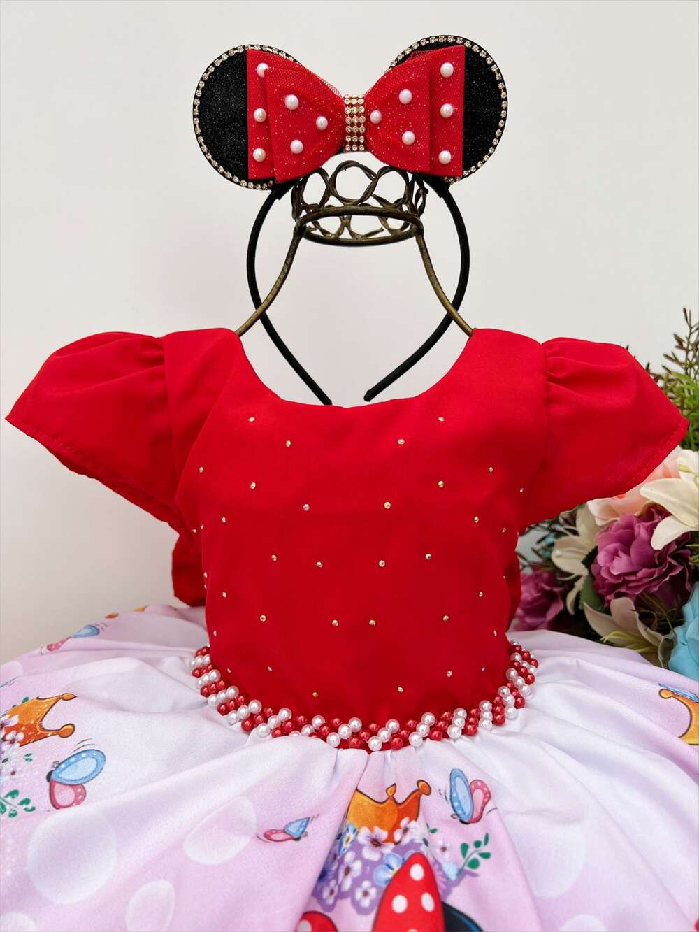 Vestido Infantil Minnie Vermelha Florido Strass e Pérolas