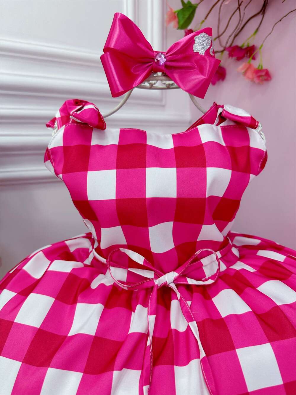 Vestido Infantil Barbie Xadrez Pink Com Laço