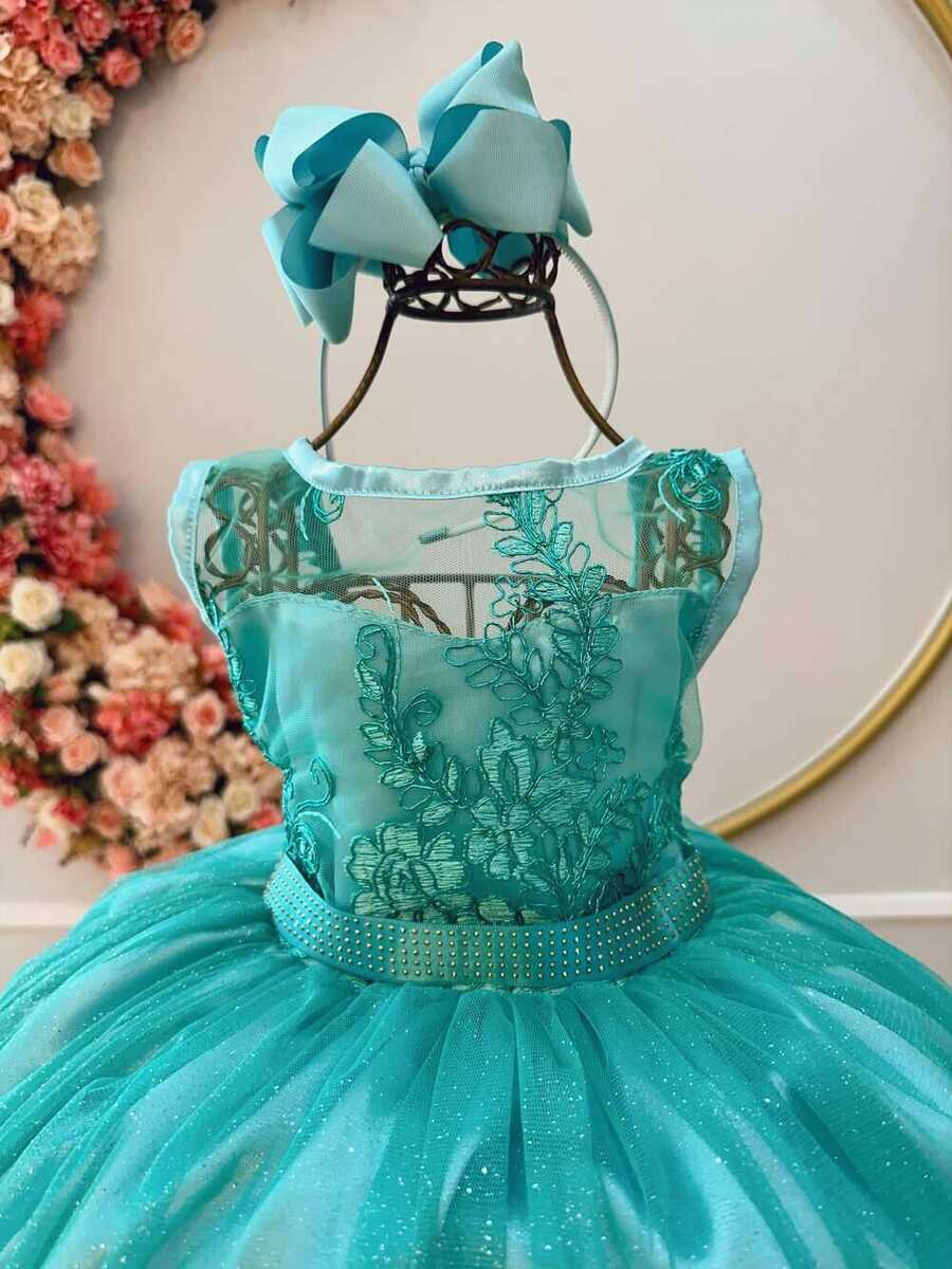 Vestido Infantil Verde Renda Realeza e Tule C/ Glitter