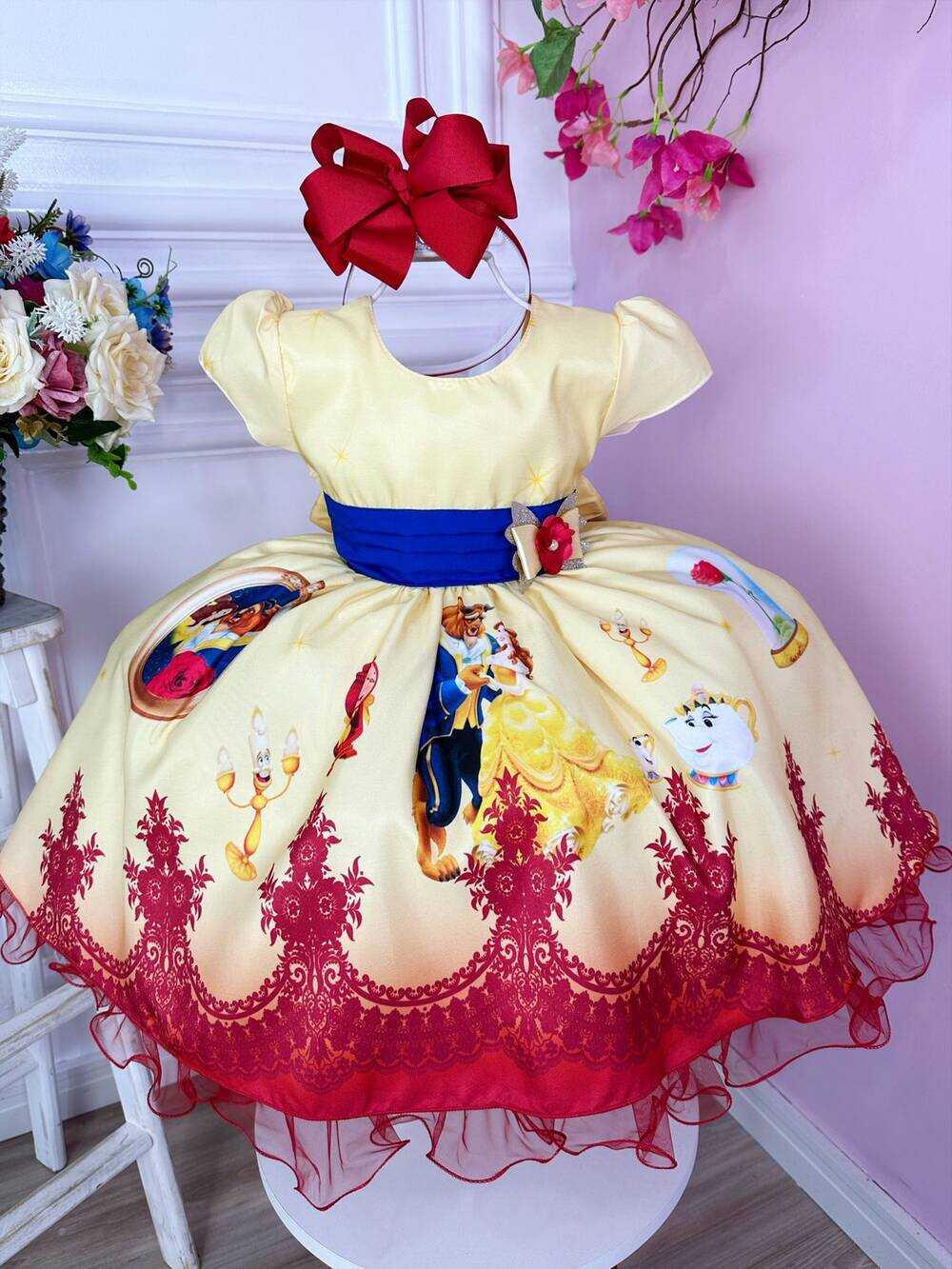 Vestido Infantil Bela e a Fera Amarelo Broche Flor Princesa