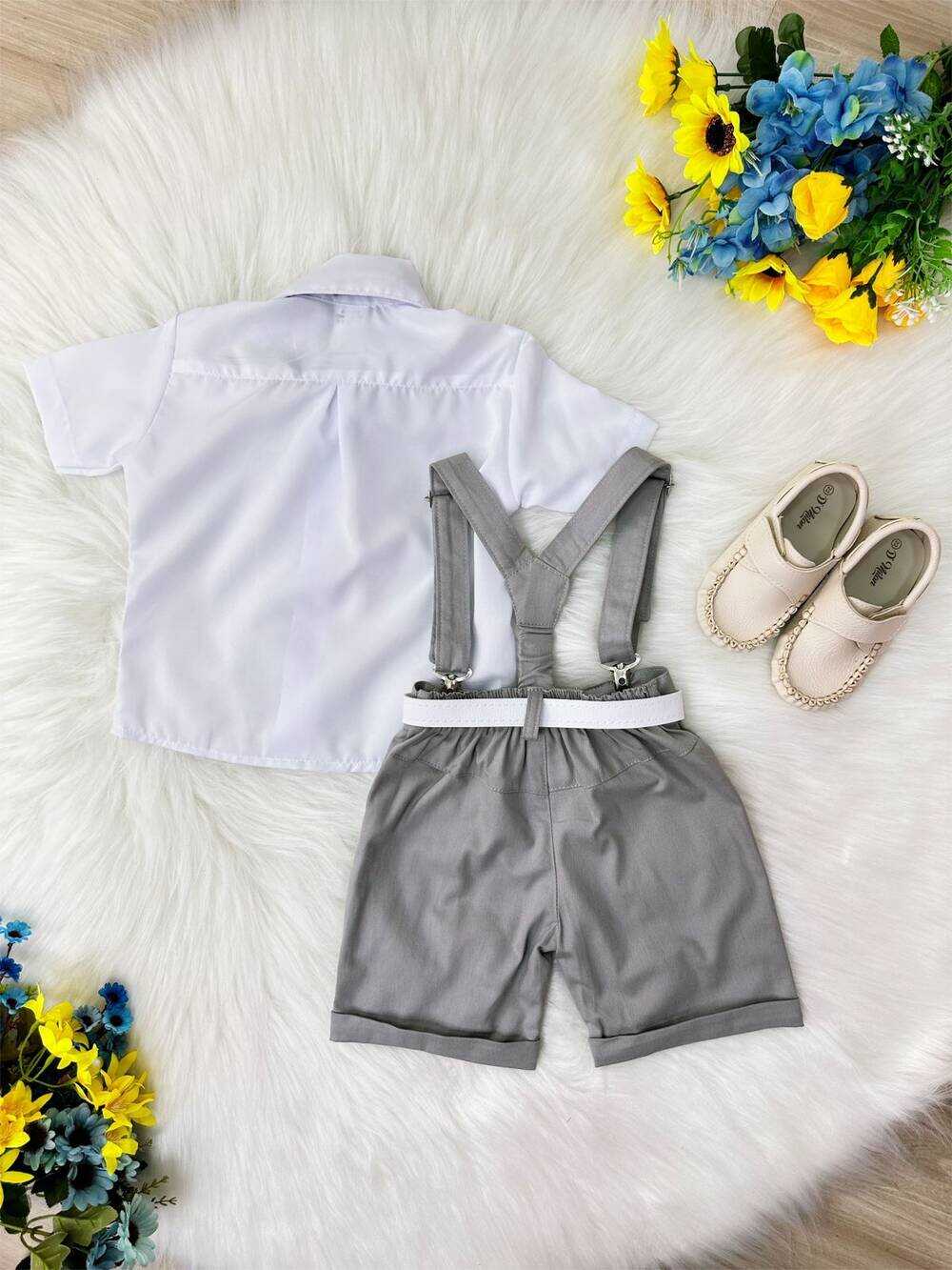 Conjunto Social Short Susp. Gravata Cinza e Camisa Branca