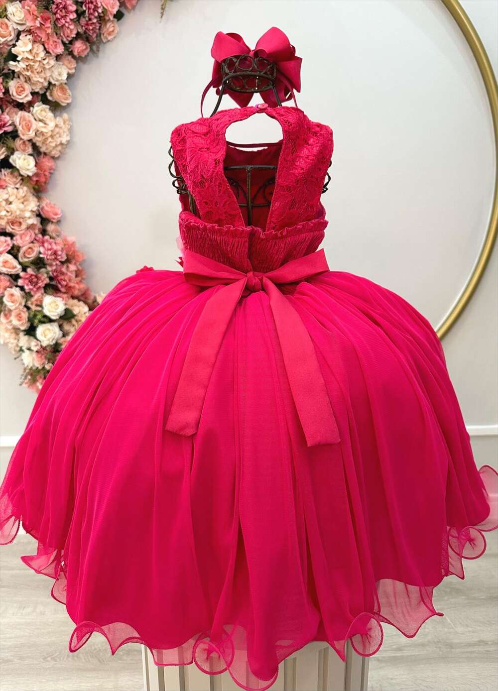 Vestido Infantil Pink Rendado Luxo Flores em Aplique