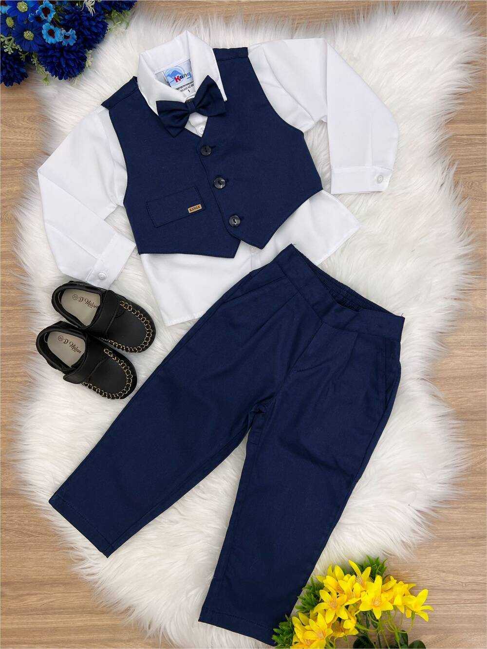 Conjunto Social Calça Camisa Colete Gravata Azul Marinho