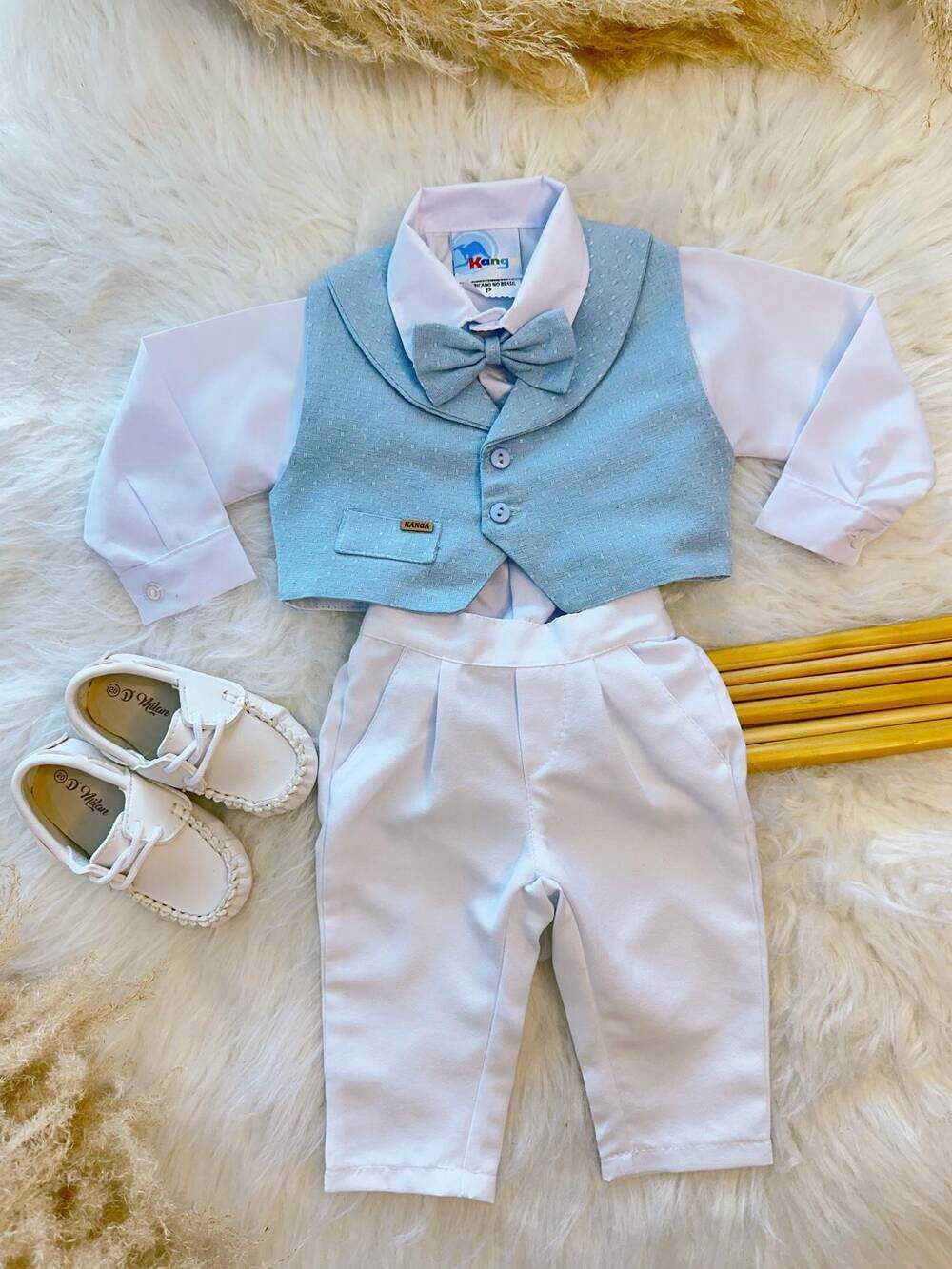 Conjunto Social Bebê Camisa Colete e Gravata Azul C/ Calça Branca