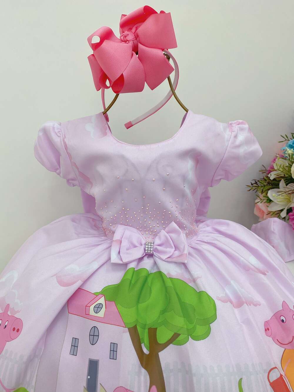 Vestido Infantil Peppa Pig Rosa Strass S/ Máscara Luxo