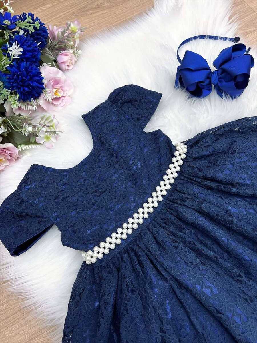 Vestido Infantil Realeza Azul Marinho Renda e Pérolas Festa