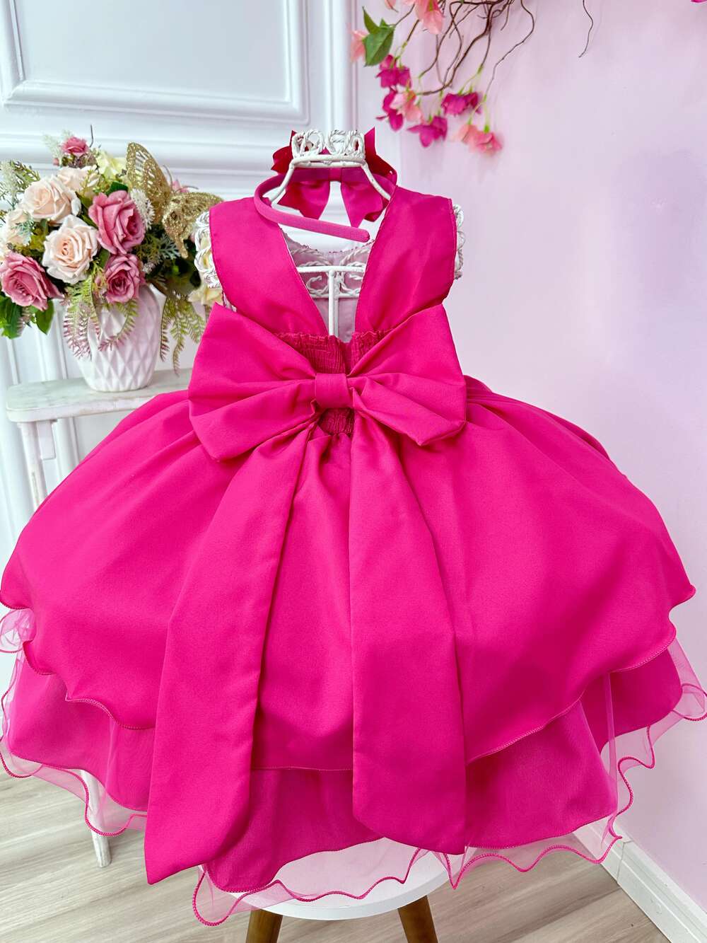 Vestido Infantil Barbie Pink Busto Paetê e Broche de Lacinho