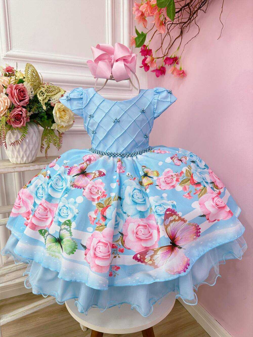 Vestido Infantil Azul Bebê Busto Nervura C/ Pérolas Festas