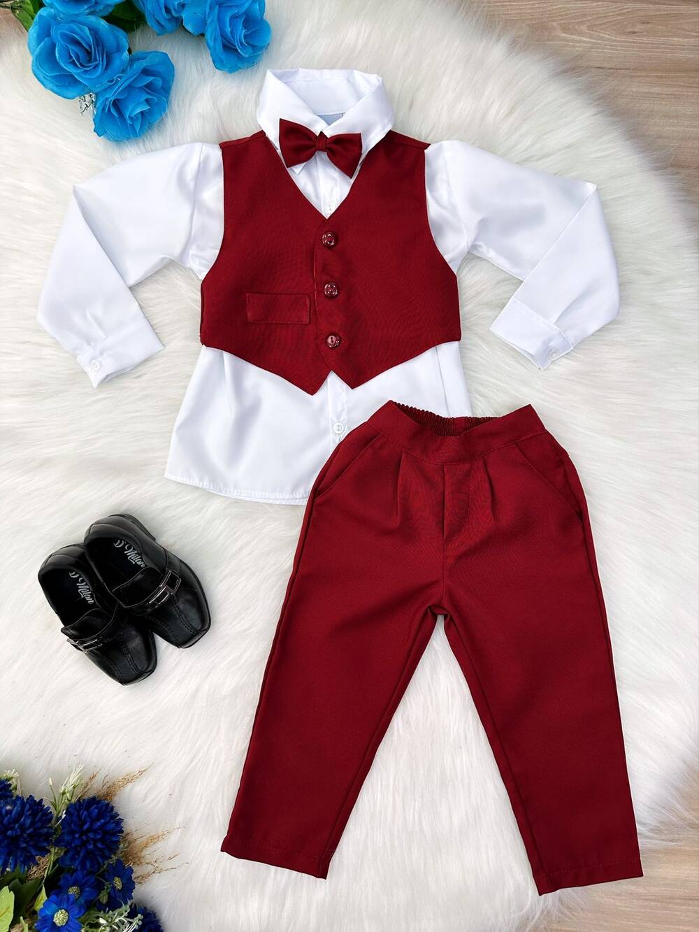 Conjunto Social Camisa Branca C/ Colete Calça Grav. Marsala