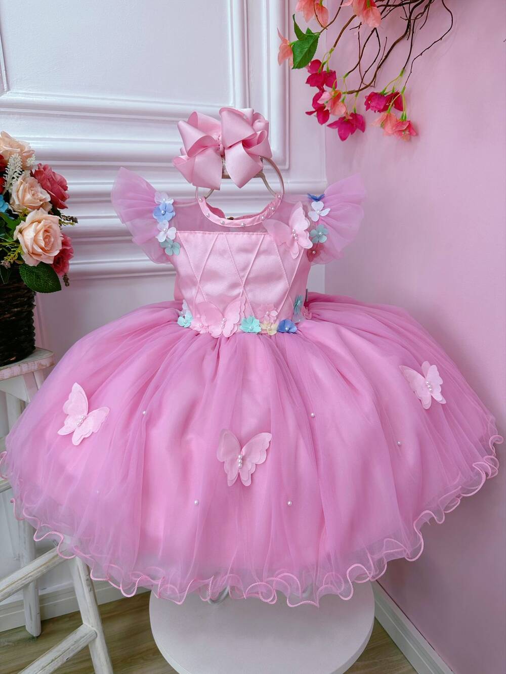 Vestido Infantil Jardim Encantado Rosa C/ Aplique Pérolas