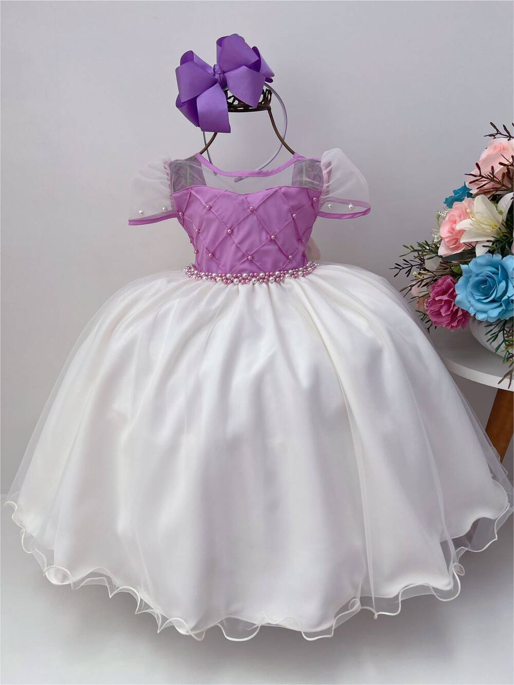 Vestido Infantil Lilás Saia Off Com Nervura Peito e Pérolas