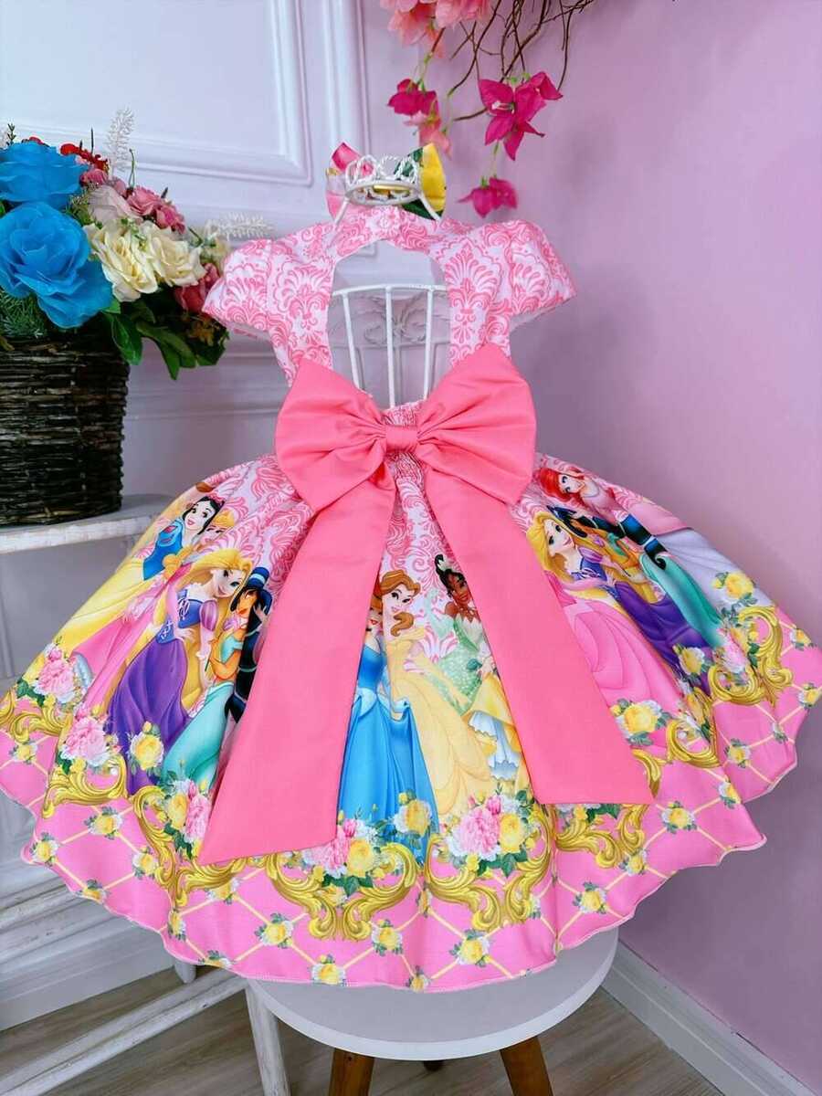Vestido Infantil Princesas Rosa C/ Cinto de Pérolas e Laço