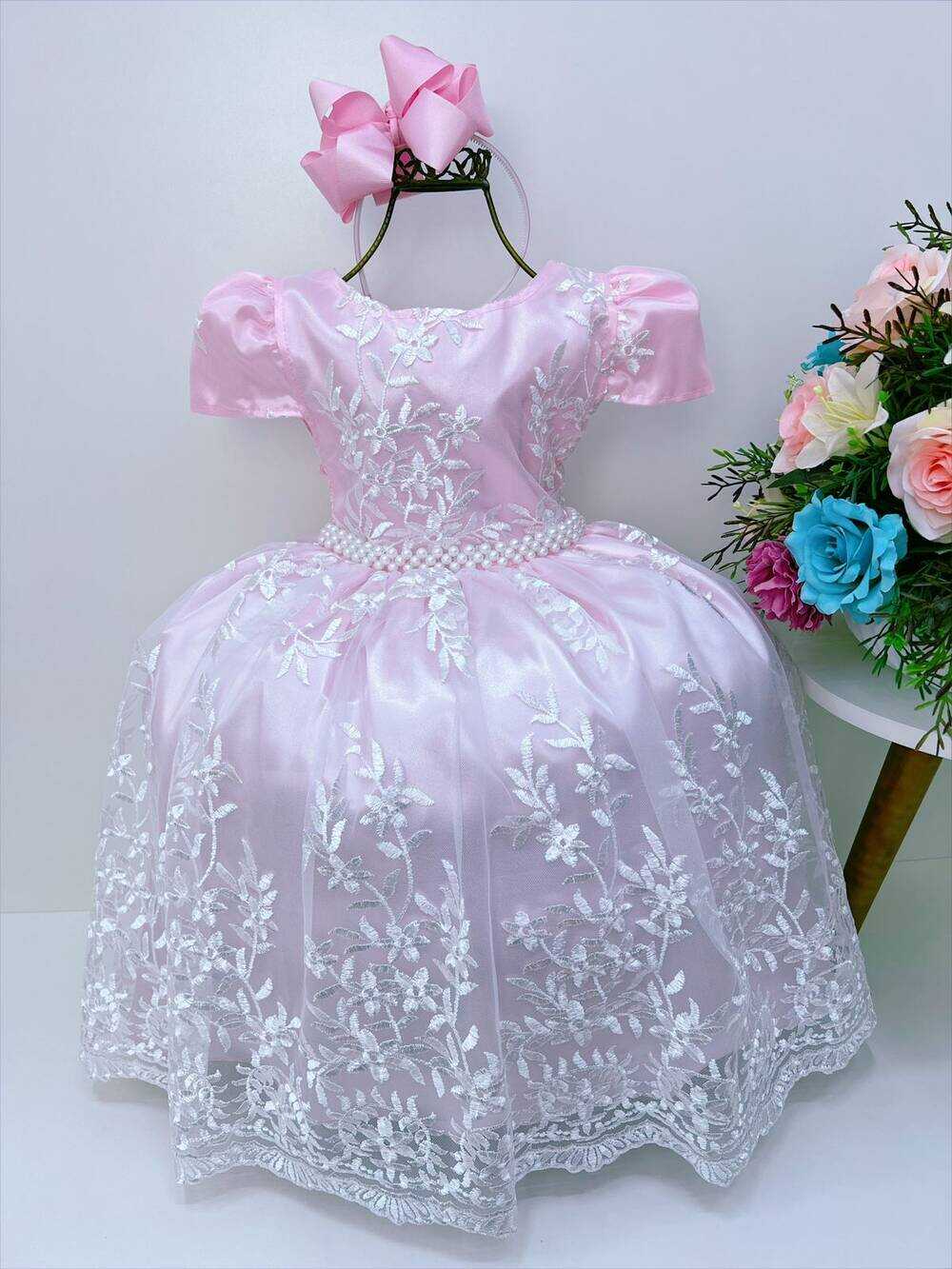 Vestido Infantil Rosa Renda Branca Realeza C/ Pérolas Luxo