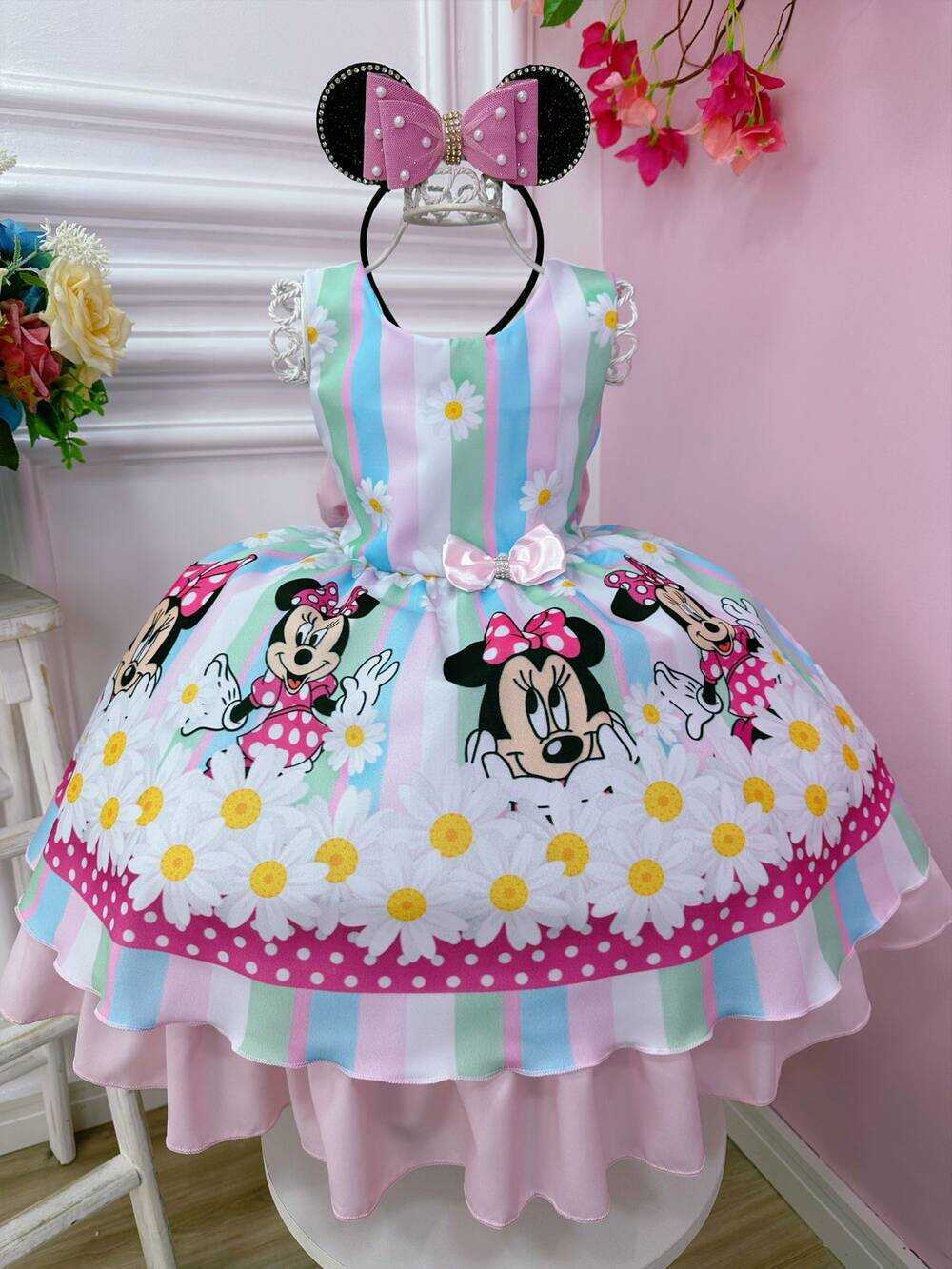 Vestido Infantil Minnie Colorido Florido Margaridas Luxo