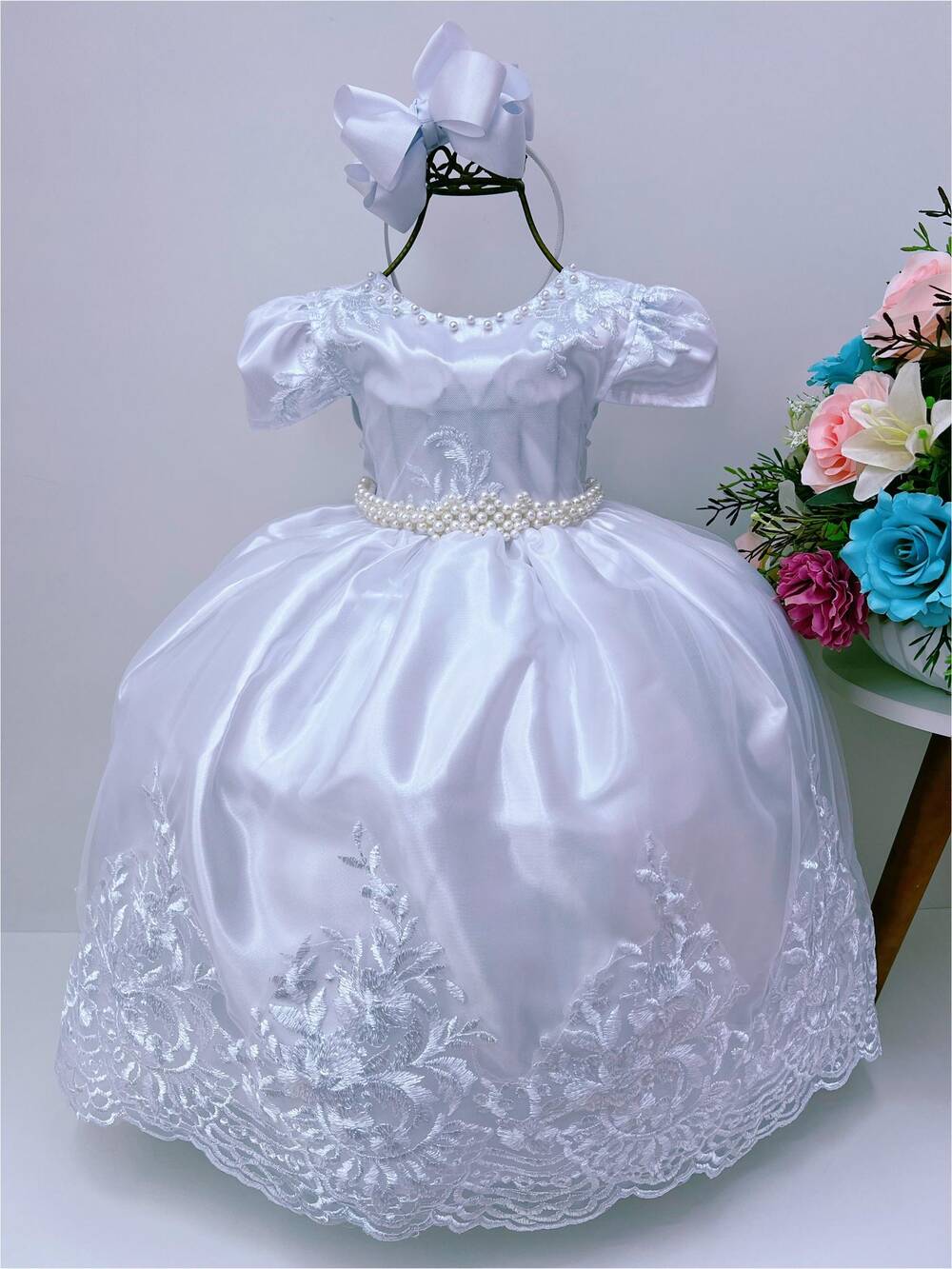 Vestido Infantil Branco Rendado Casamento Damas Luxo Pérolas