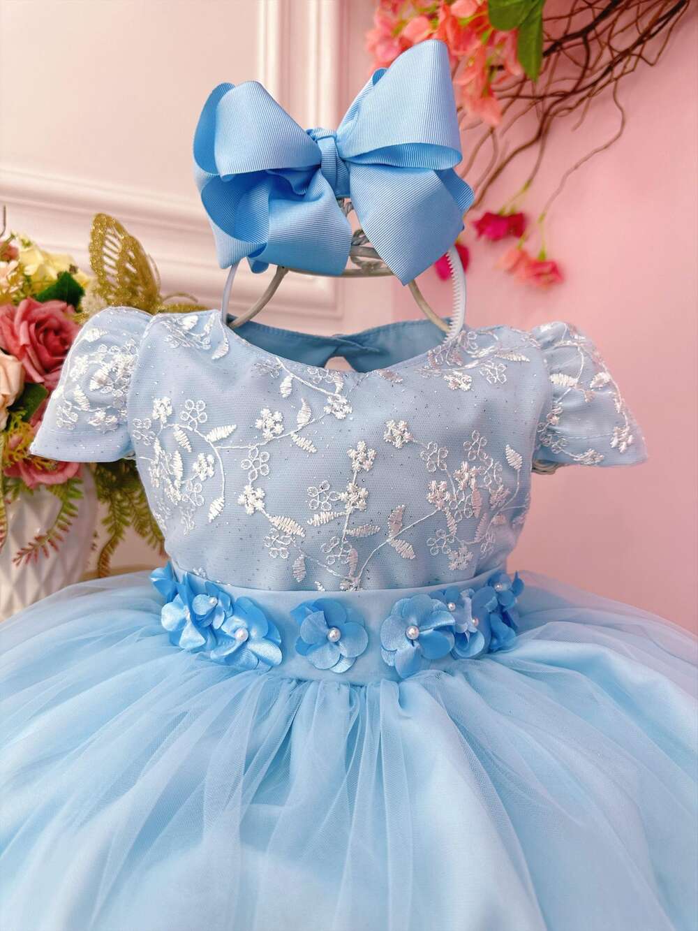 Vestido Infantil Azul Com Renda e Aplique de Flores Festas