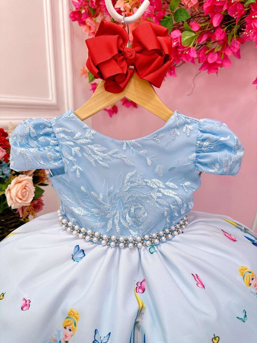 Vestido Infantil Princesa Cinderela Azul C/ Renda e Pérolas