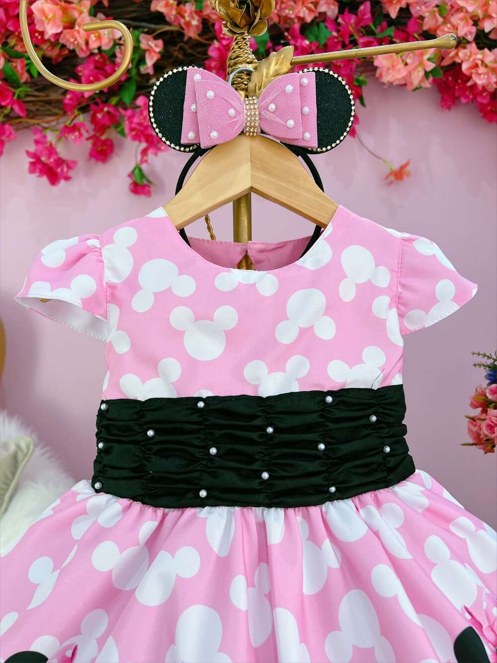 Vestido Infantil Minnie Rosa Com Pérolas Festas