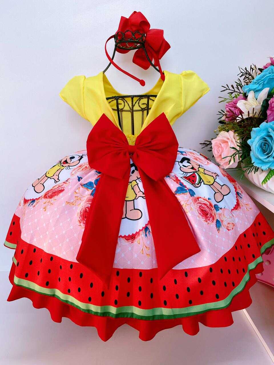 Vestido Infantil Magali Melancias Flores Amarelo e Vermelho