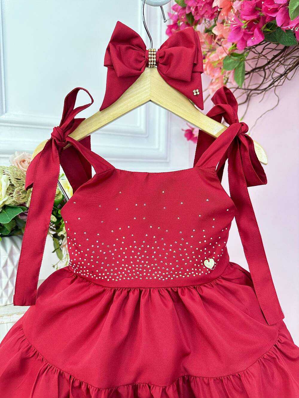 Vestido infantil Vermelho Escuro Strass Busto e Laço Festas