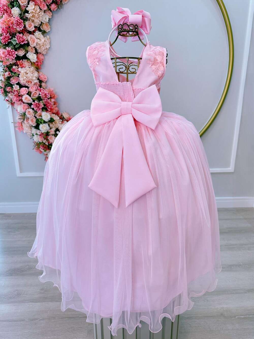 Vestido Infantil Rosa Damas C/ Renda e Cinto de Pérolas Luxo