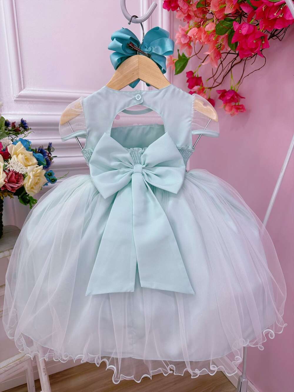 Vestido Infantil Verde Busto Plissado Com Flores Borboleta