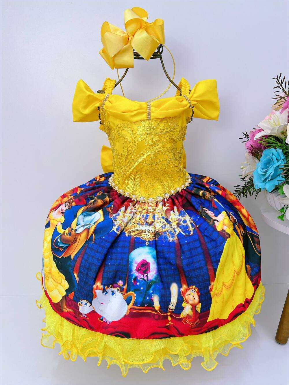 Vestido Infantil Bela e a Fera Amarelo C/ Renda Pérolas Luxo