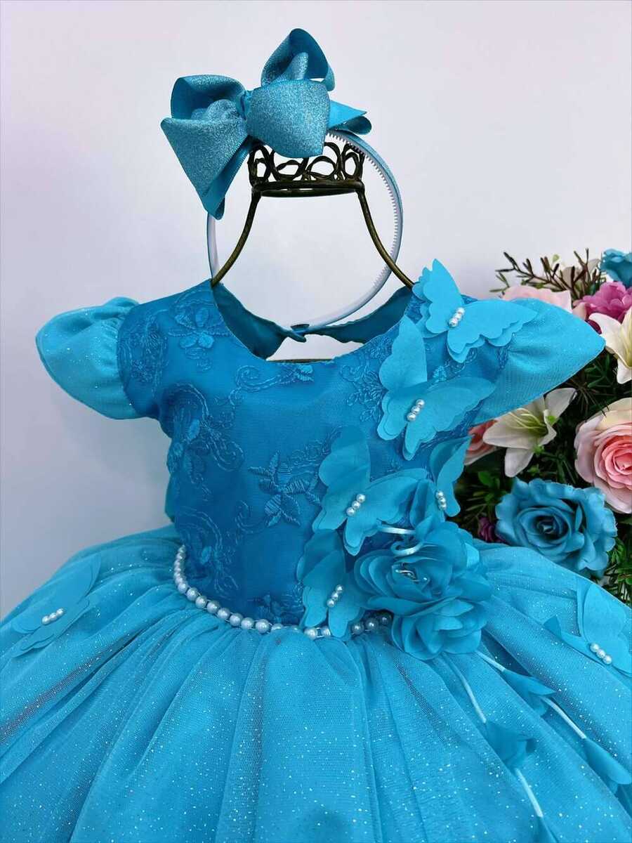 Vestido Infantil Verde Tiffany Renda Aplique Borboletas Flor