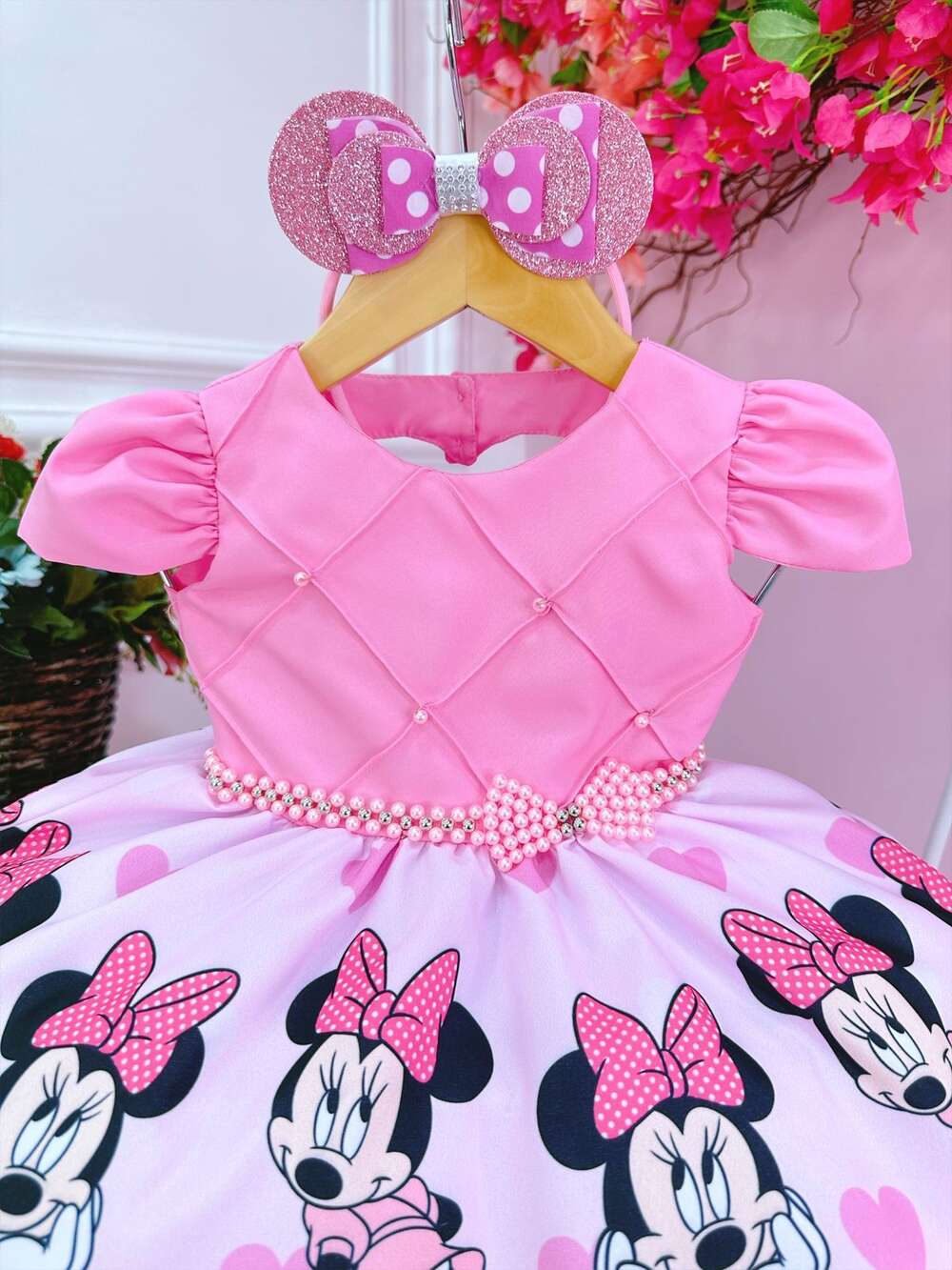 Vestido Infantil Minnie Rosa Cinto de Pérolas C/ Tiara