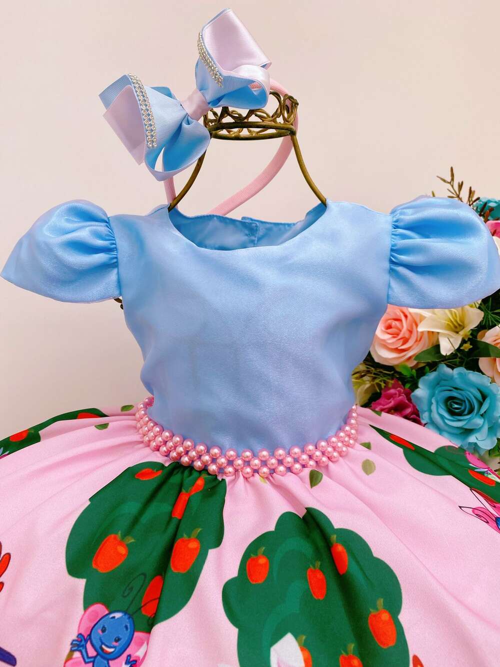 Vestido Infantil Galinha Pintadinha Azul Cinto Pérolas C/ Tiara