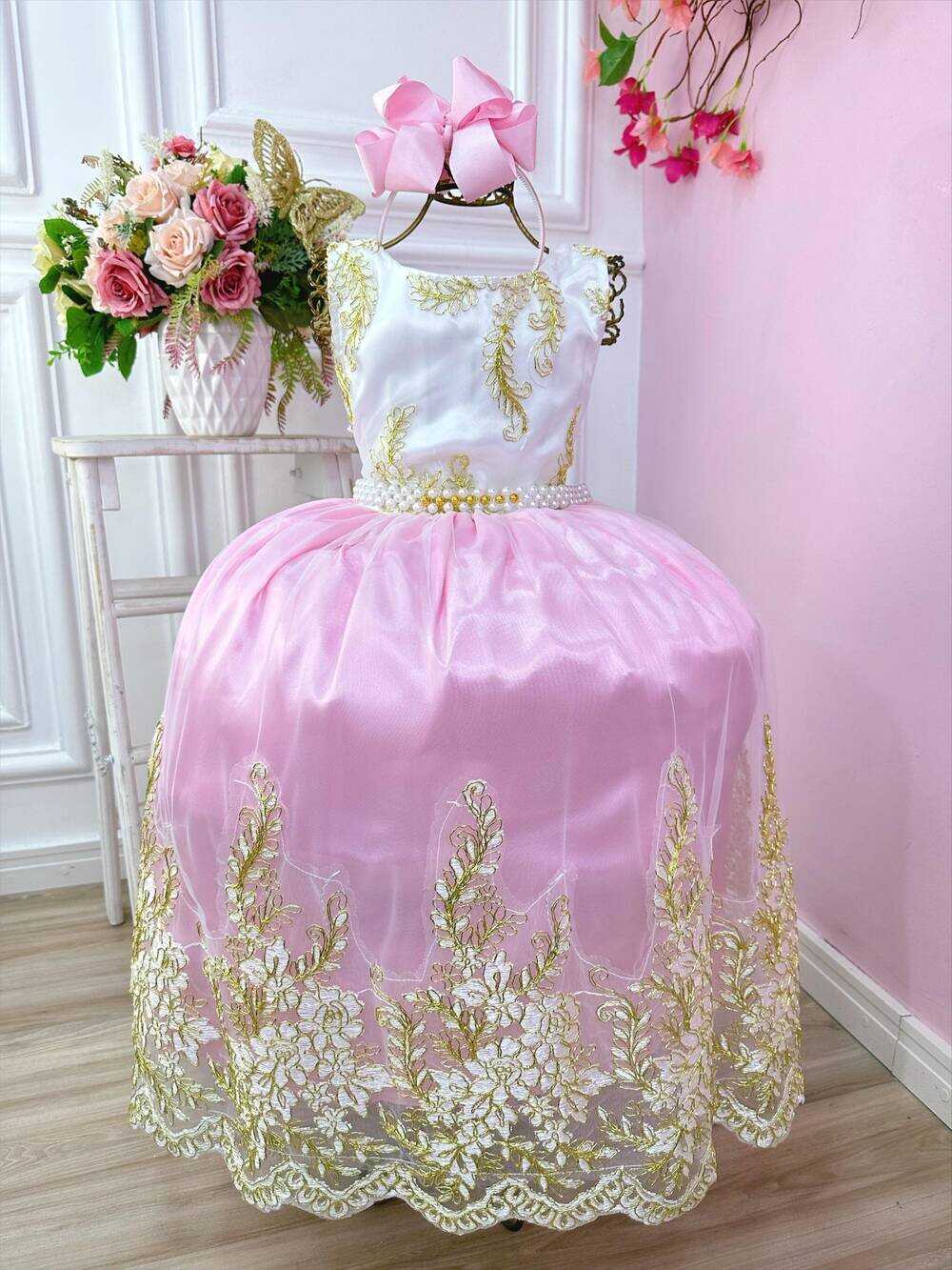 Vestido Infantil Branco Com Rosa e Renda Realeza Daminhas