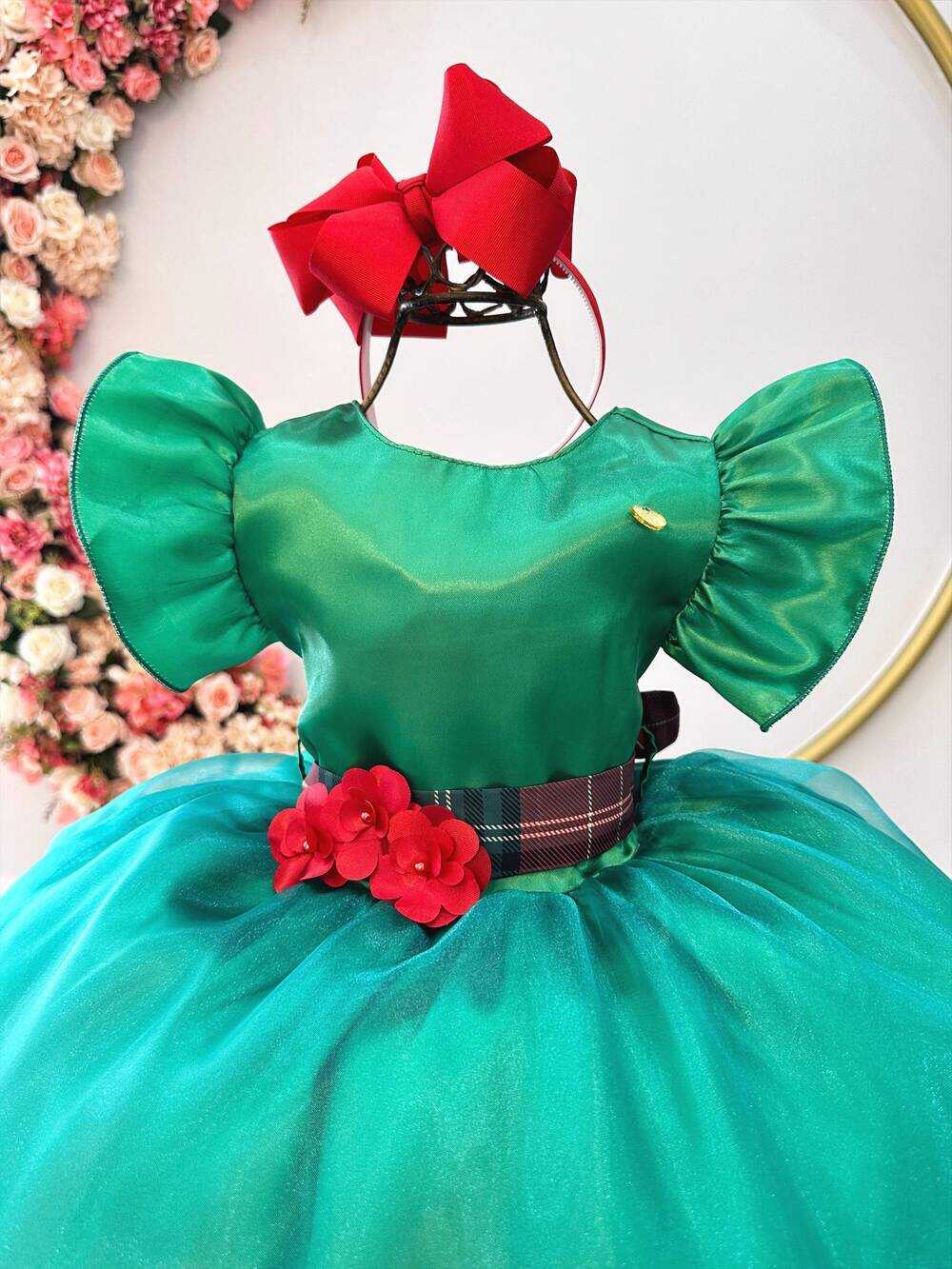 Vestido Infantil Verde C/ Broche de Flores Festas Natal