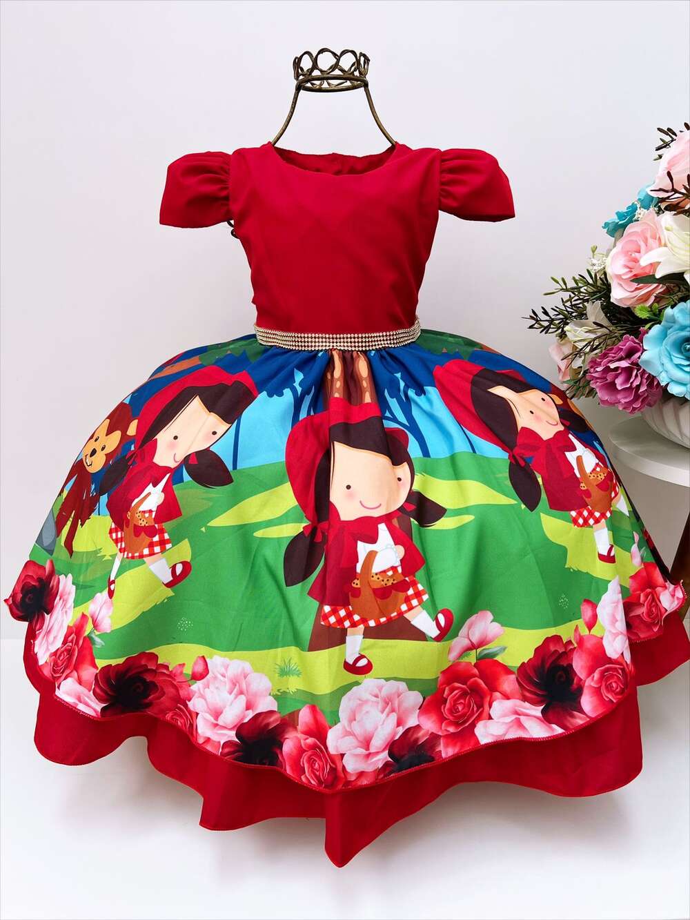 Vestido Infantil Chapeuzinho Vermelho Floral com Capuz