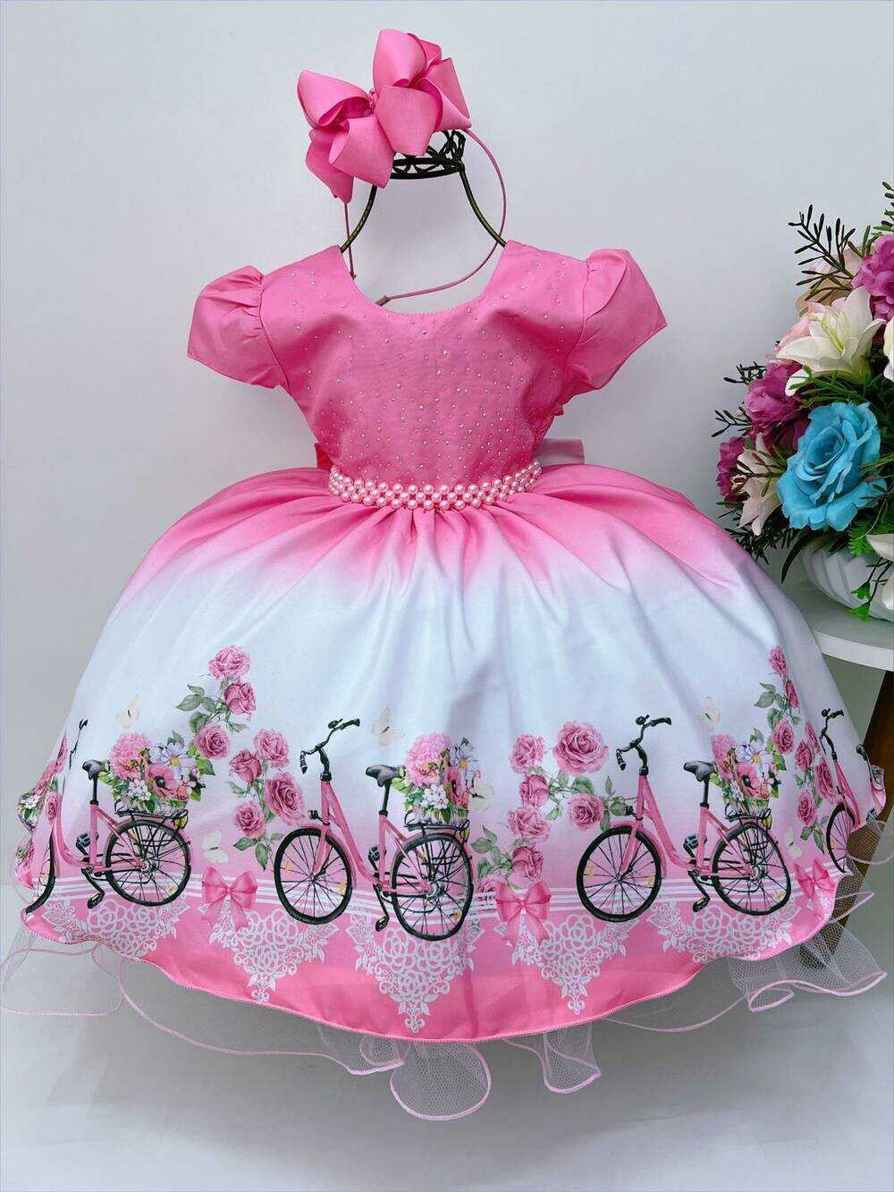 Vestido Infantil Rosa Chiclete Primavera Strass Pérolas