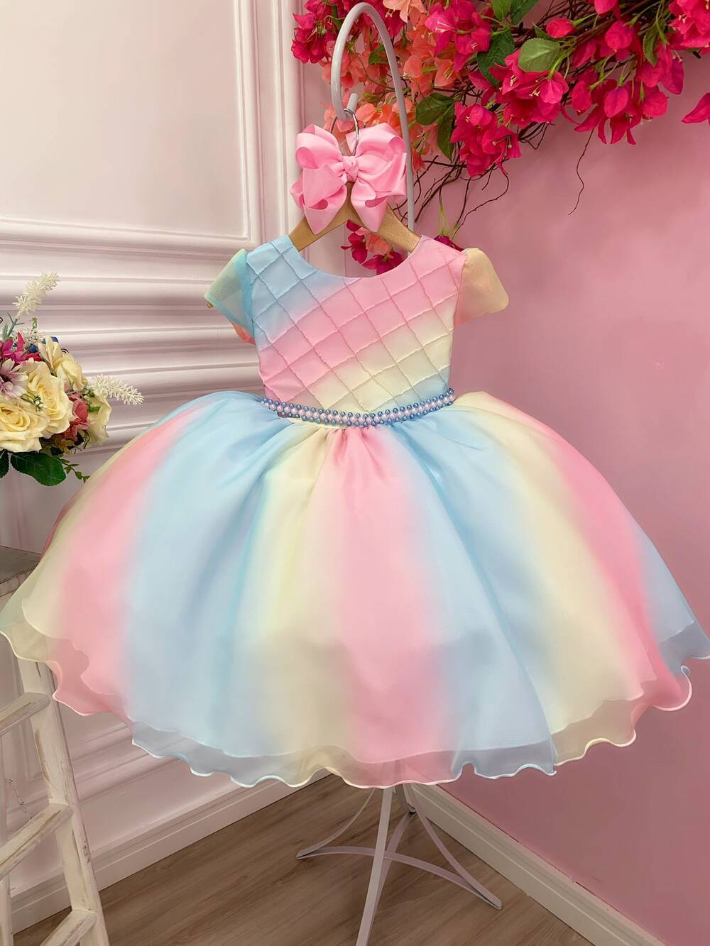 Vestido Infantil Chuva de Amor Bênçãos Com Cinto Pérolas