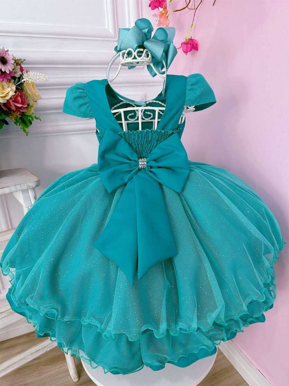 Vestido Infantil Verde Tiffany Glitter Aplique de Borboletas