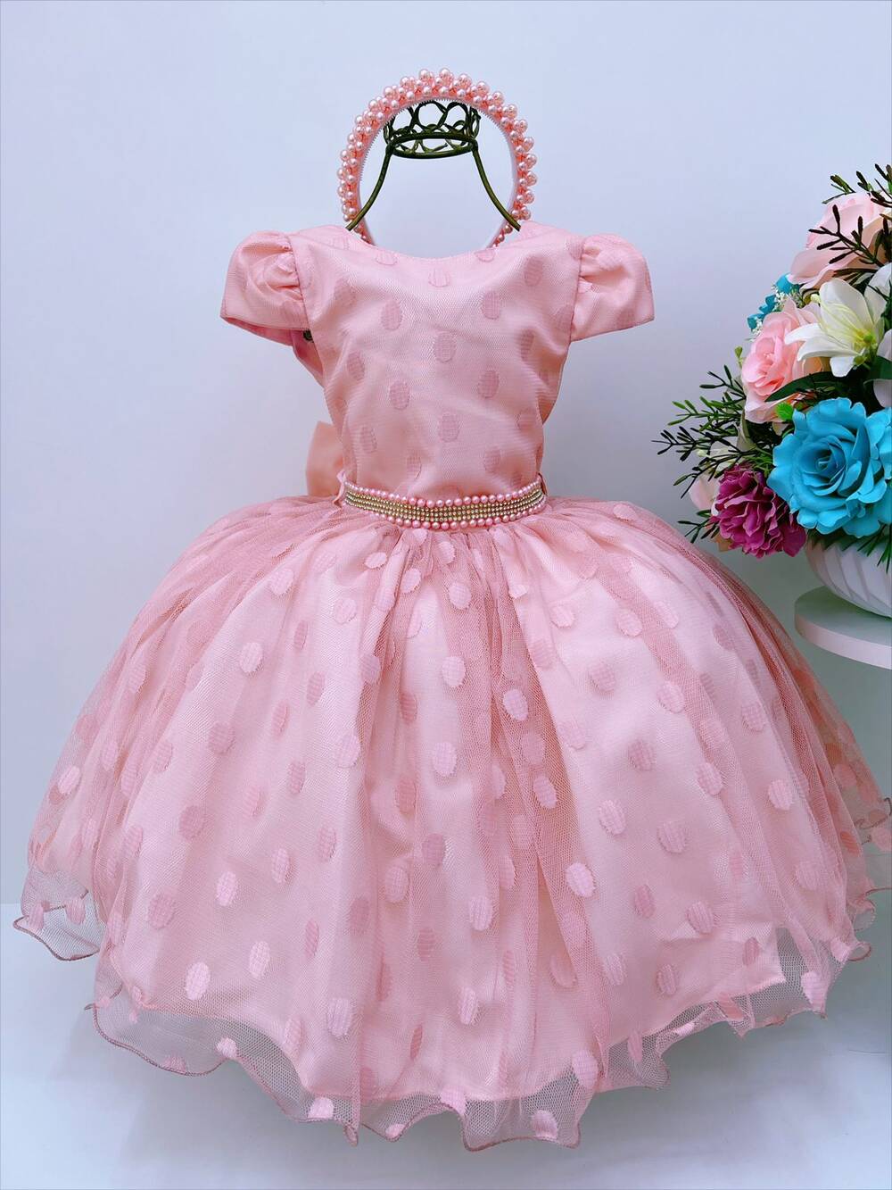 Vestido Infantil Nude Tule Com Bolinhas Strass e Pérolas