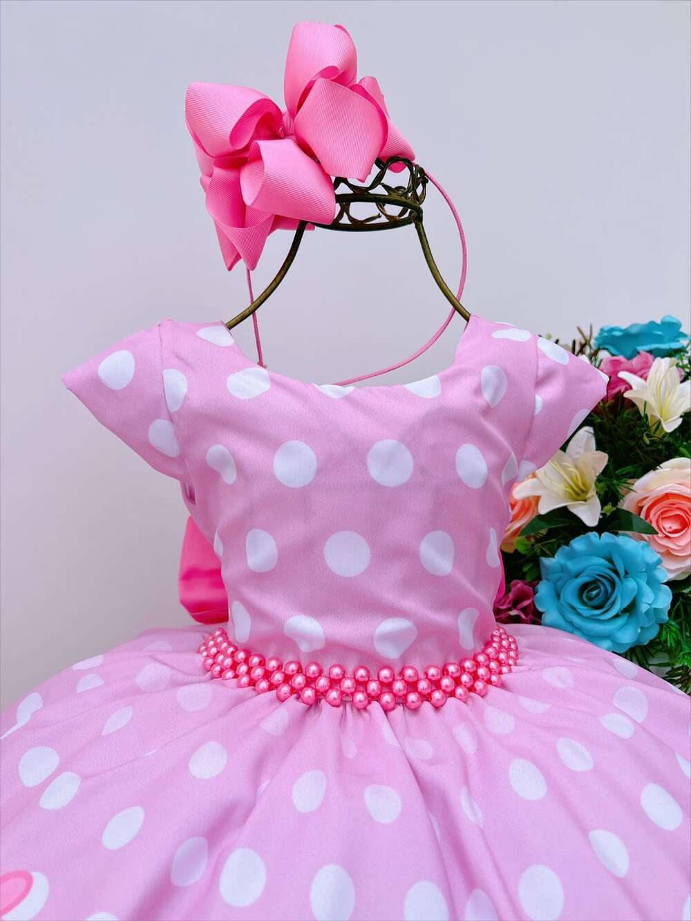 Vestido Infantil Rosa Bolinhas Brancas Peppa