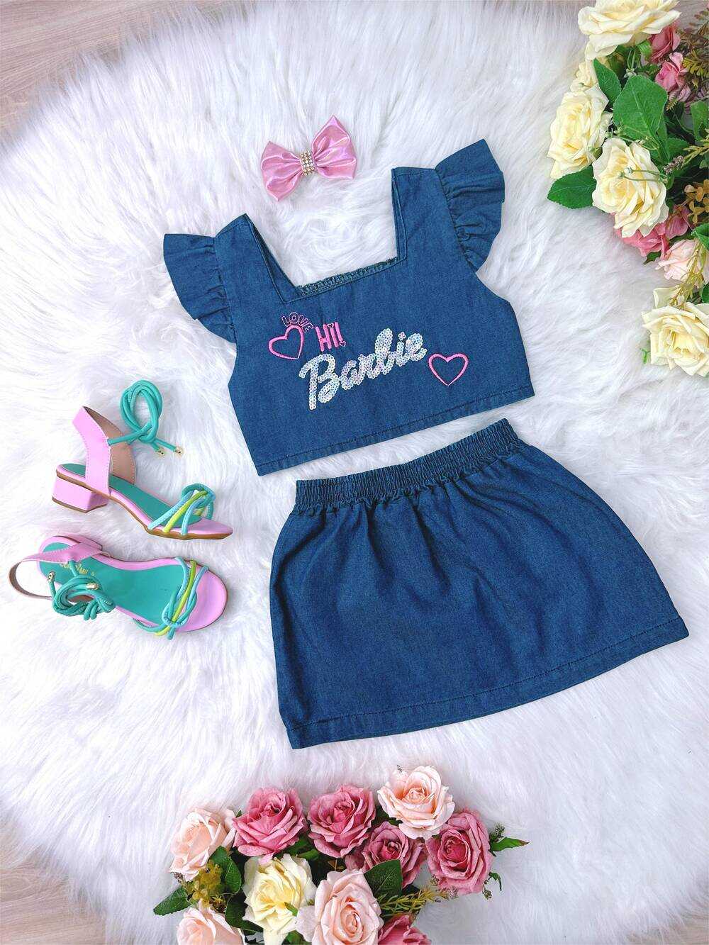 Conjunto Jeans Hi Barbie Com Laço Festas Luxo