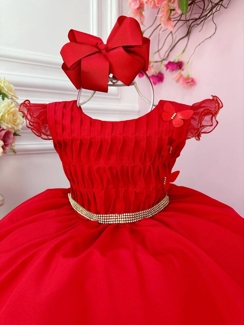 Vestido Infantil Vermelho Busto Plissado Strass Flores Natal