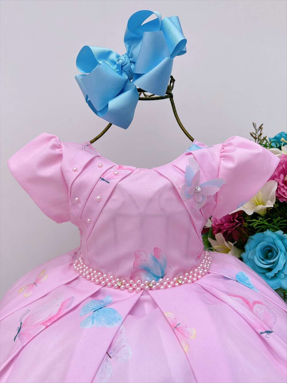 Vestido Infantil Rosa e Aplique Borboletas Coloridas Pérolas