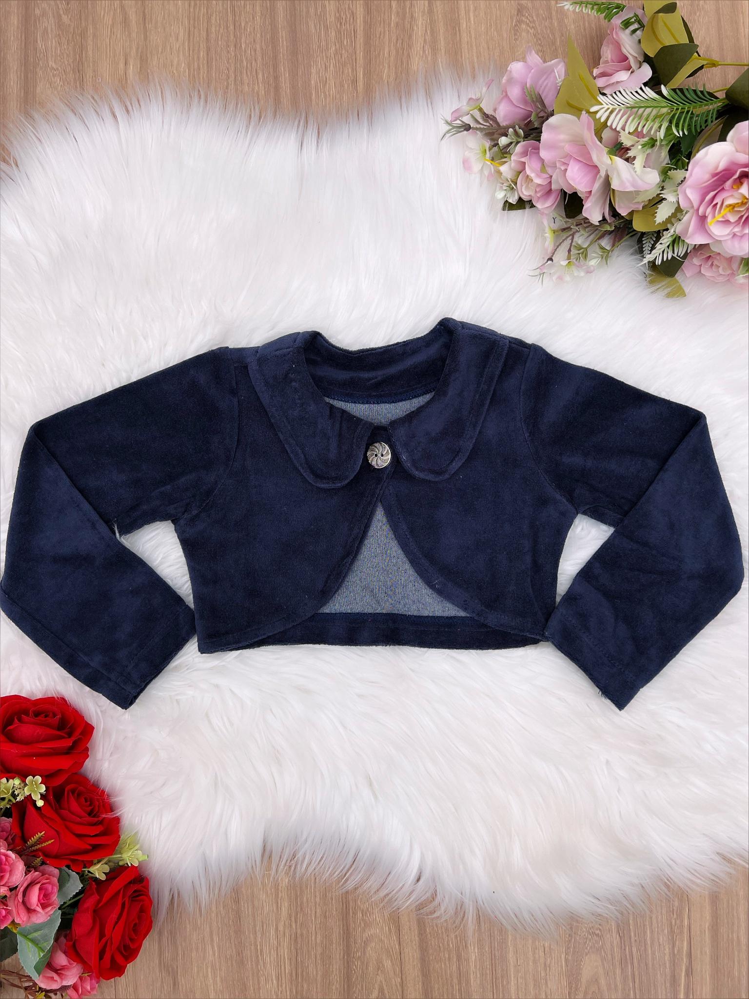 Bolero Infantil Azul Marinho Plush Luxo Com e Gola Botão