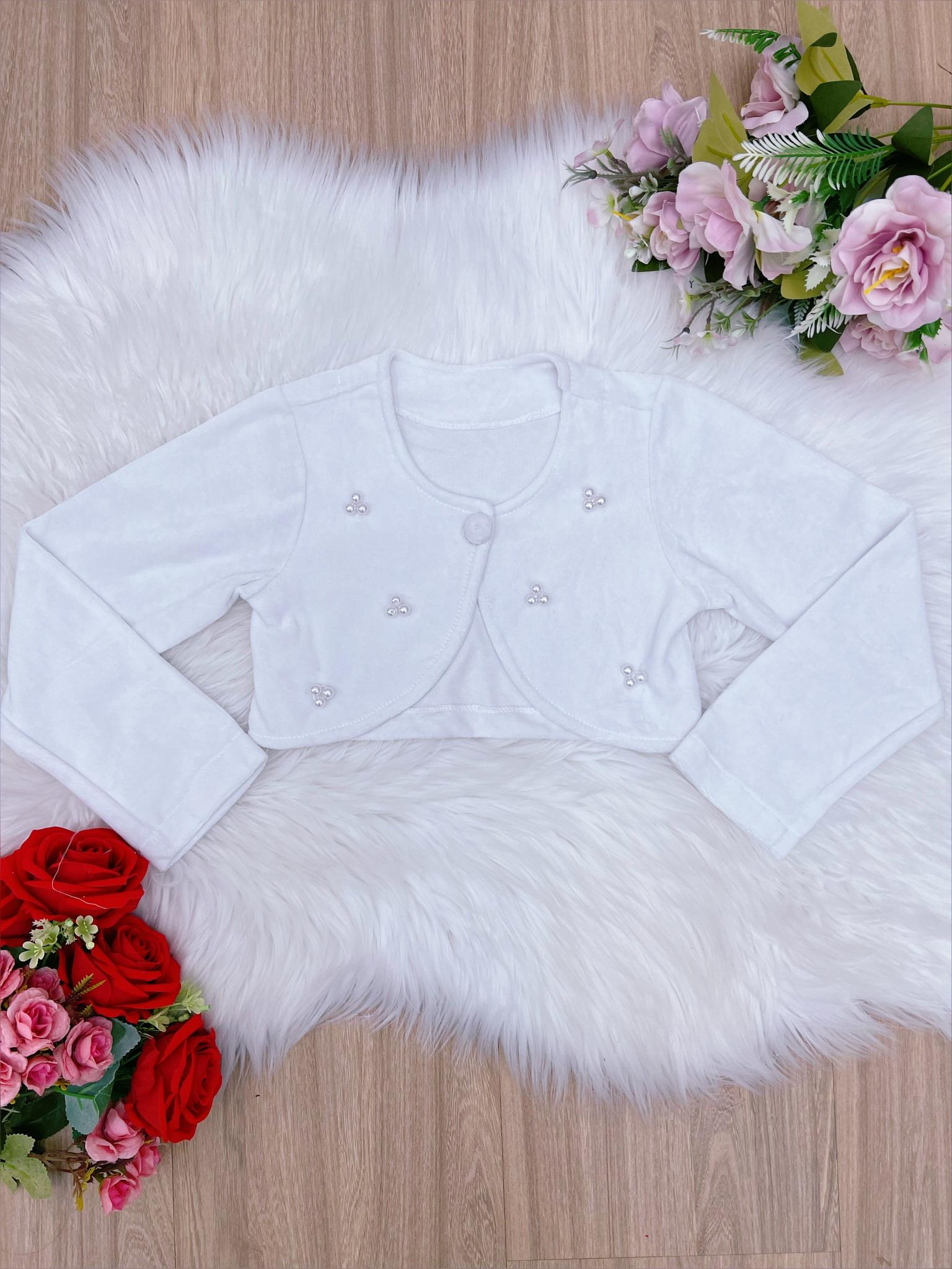 Bolero Infantil Branco Plush Luxo Com Botão Pérolas