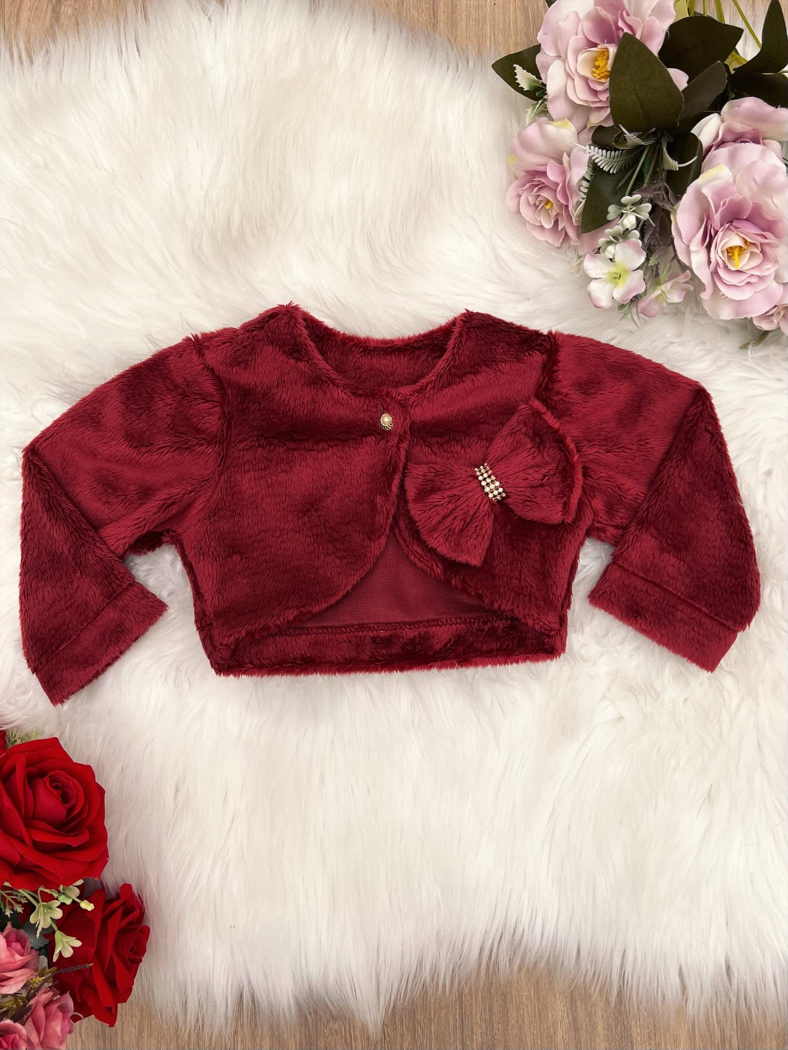 Bolero Infantil de Pelúcia Marsala Plush Botão Laço Strass