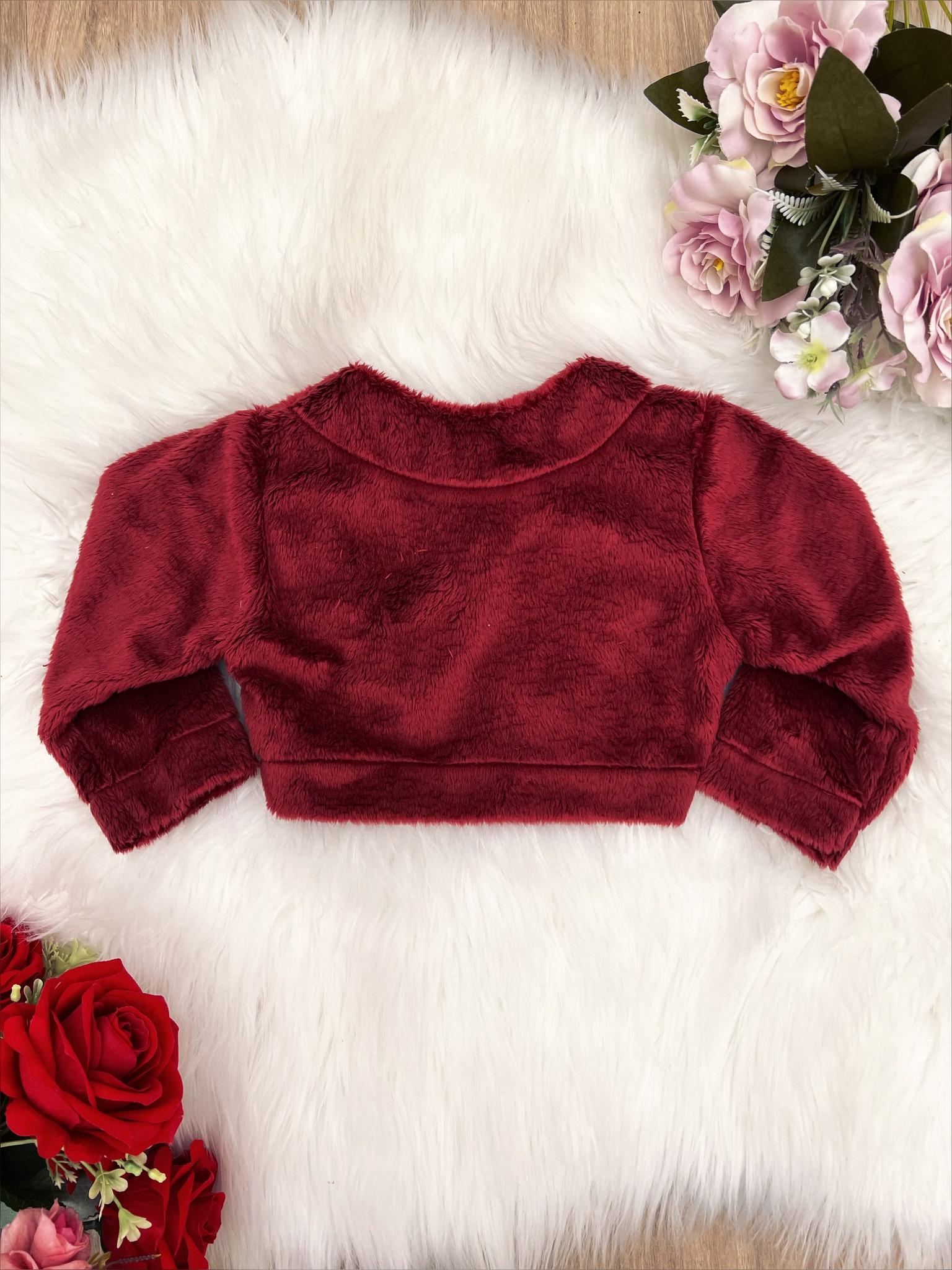 Bolero Infantil de Pelúcia Marsala Plush Botão Laço Strass