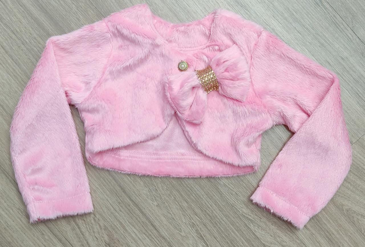 Bolero Infantil de Pelúcia Plush Rosa Com Botão Broche Laço