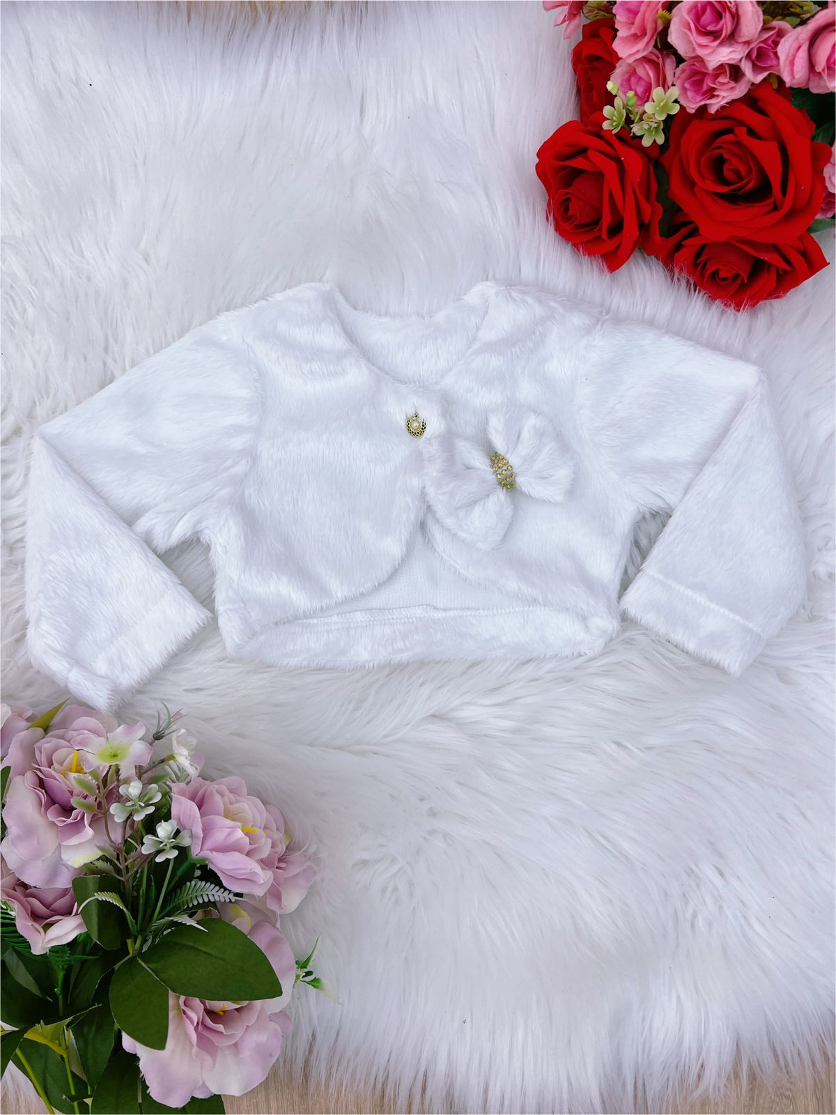 Bolero Infantil Pelúcia Branco Plush Luxo Botão Laço Stass