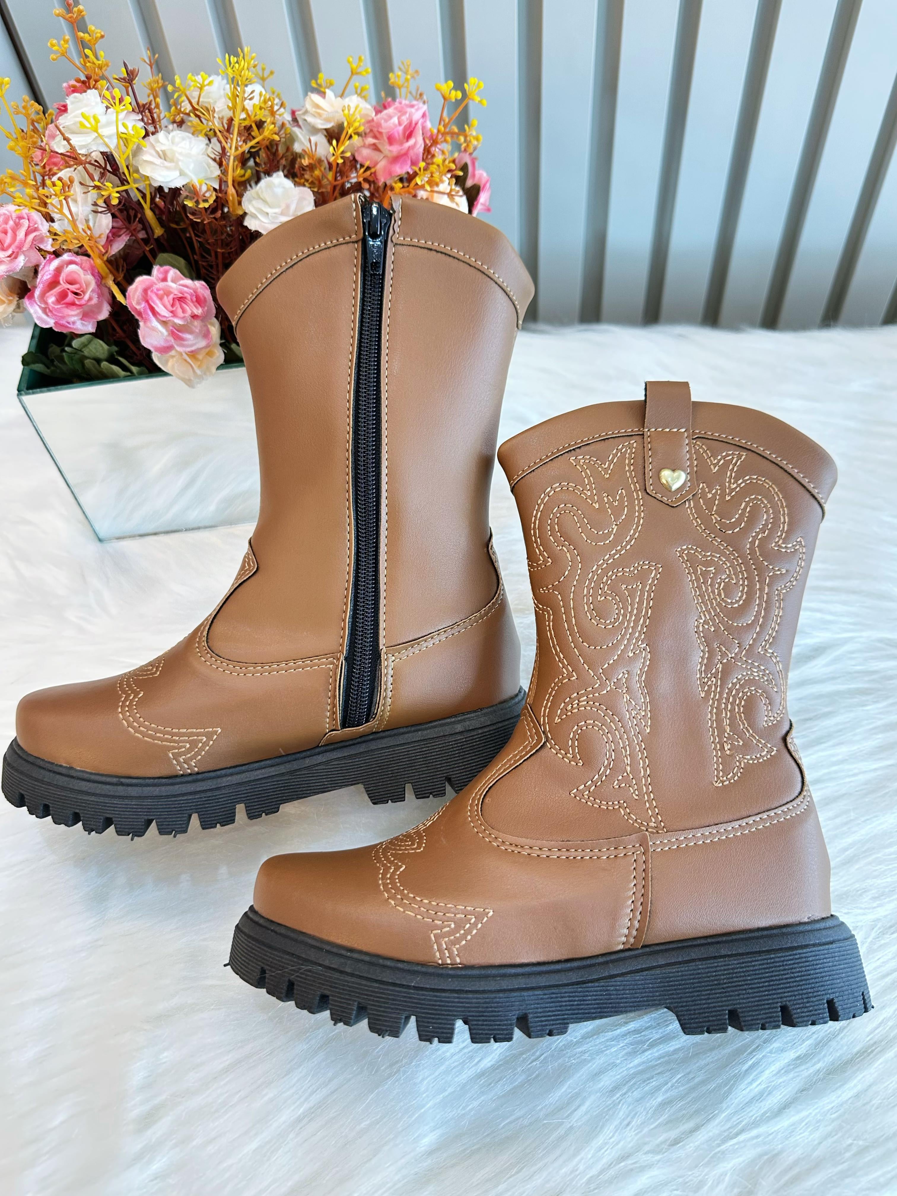Bota infantil Boiadeira Texana Caramelo Com Zíper Luxo